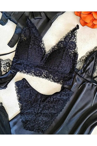 cdh çeyize dair herşey Black Soft Satin 6-Piece Dowry Set with Morning Dress 6502