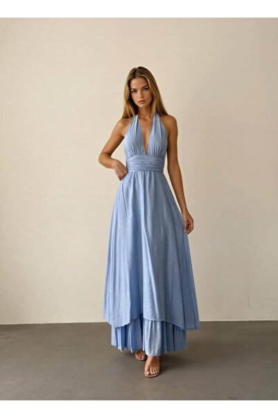 Miss Beyoğlu Paris Boyundan Bağlamalı Sırt Dekolteli Uzun Elbise
