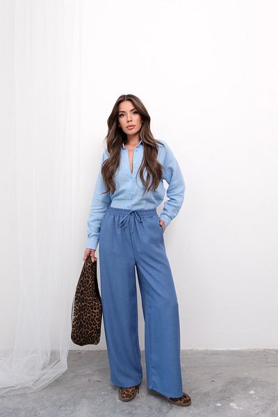 Hatun Atila Summer Relaxed Fit High Waist Rope Lace-Up Wide Leg Loose Trousers - Blue