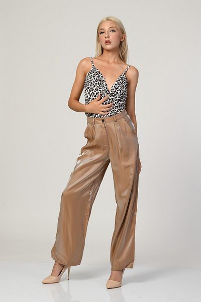 BEBE PLUS Satin Shiny Wide Leg Trousers - Light Brown-Light Brown - L
