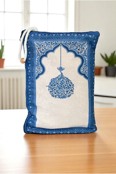 ihvanonline Portable Pouch Mihrap Patterned Silk Textured Velvet Prayer Rug Blue