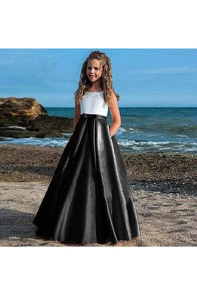MadyaButik Girls' Dress Graduation Birthday Dress Two-Color Long Satin Dress Children's Evening Dress