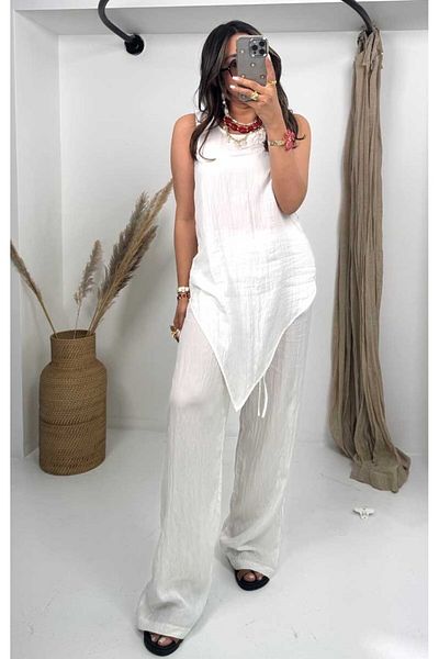 Sohotique By P Wrinkled Viscose Asymmetrical Suit Ecru