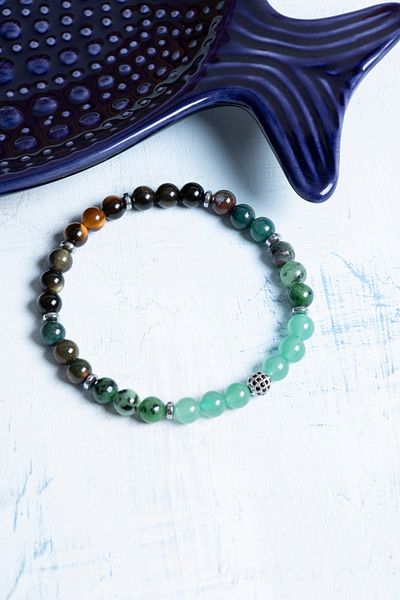 Deniz Doğal Taş Certified Tiger Eye, Aventurine, Bloodstone, Aniolite and Obsidian Bracelet