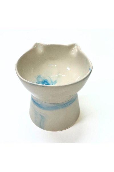 Pawstar High Ceramic Food and Water Bowl with Cat Figure – 400 ml – Blue Pattern