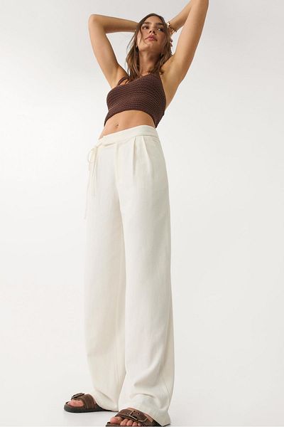 Stradivarius Flowing linen blend trousers with tie