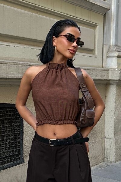 boutiquen Backless Linen Look Crop Blouse