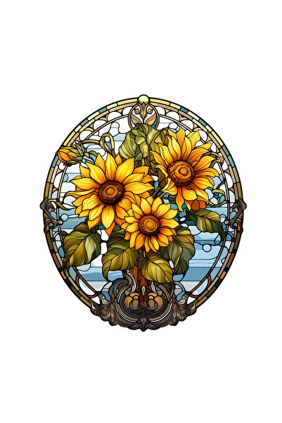 INOVATIX Set de 8 piese, autocolant vitraliu oval albastru cu floarea-soarelui, INOVATIX®. 6 cm