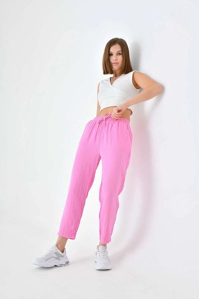 solena sln Women's New Season Linen Elastic Waist Tied Pocket Carrot Cut Trousers