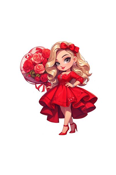 INOVATIX Set de 8 piese, Sticker Fată Ziua Îndrăgostiților Fată cu buchet de flori, INOVATIX®. 6 cm
