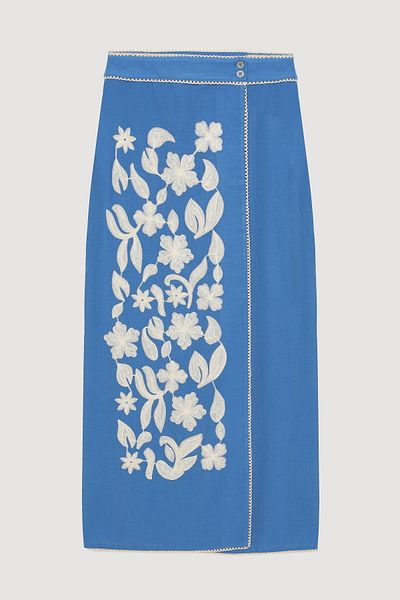 Quzu Fusta Midi Broderie Floral Albastru