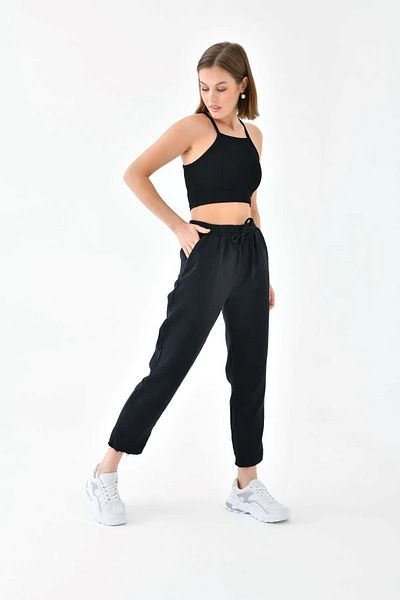 solena sln Women's New Season Linen Elastic Waist Tied Pocket Carrot Cut Trousers