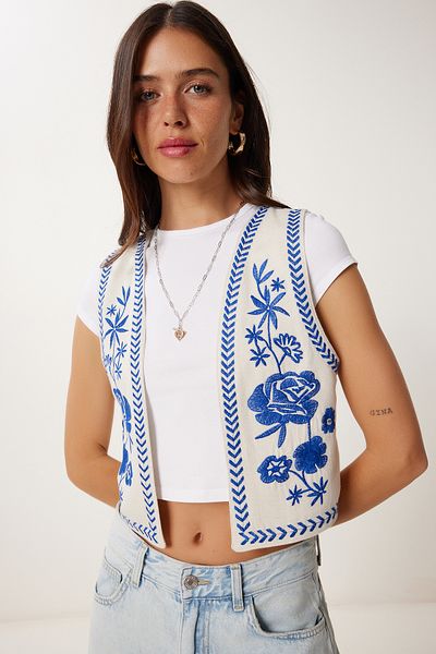Lovelyİstanbul Flower Embroidered Linen Vest Stone Blue Ldj0001