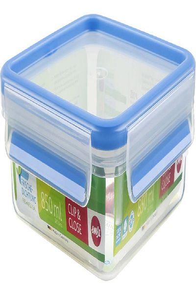 emsa Clip & Close 2.0" Square Food Container – 28.74 fl oz, Transparent/Blue, Leakproof