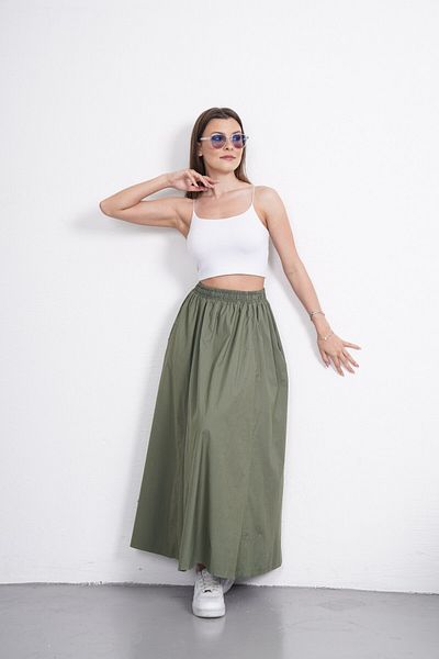 Gülmude Long Elastic Waist Poplin Fabric Double Pocket Relaxed Cut Hijab Skirt Unlined (Length 90 cm)