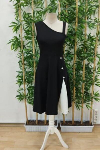 Mossta Tek Omuz Düğme Detaylı Krep Elbise - Siyah