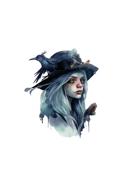 INOVATIX Set of 8 pieces, Sticker Witch with blue bird in hat, INOVATIX®. 6 cm