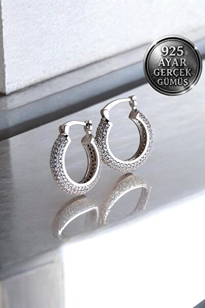 Mimodish 925 Ayar Gerçek Gümüş Sevgiliye Hediye Zirkon Taşlı 925 Ayar Gümüş Kalın Halka Küpe Kadın Gümüş Küpe