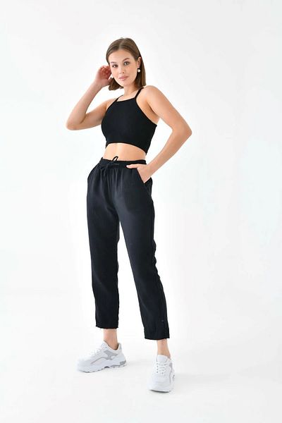 solena sln Women's New Season Linen Elastic Waist Tied Pocket Carrot Cut Trousers