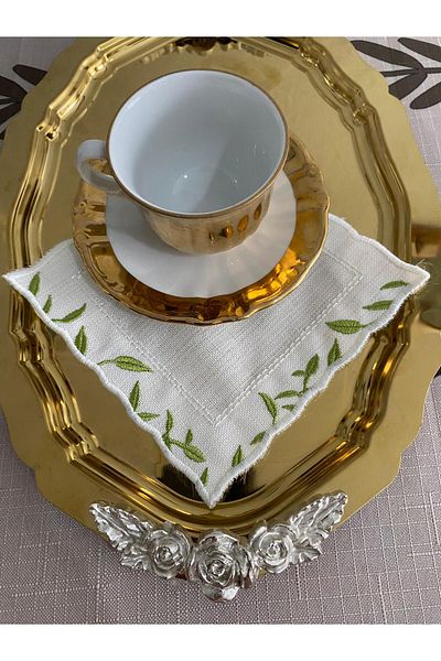 CekModa Stain-Resistant, Washable. Gardenia Fabric 6 Luxury Presentation Napkins with Embroidery - Request Promise Coffee Coaster