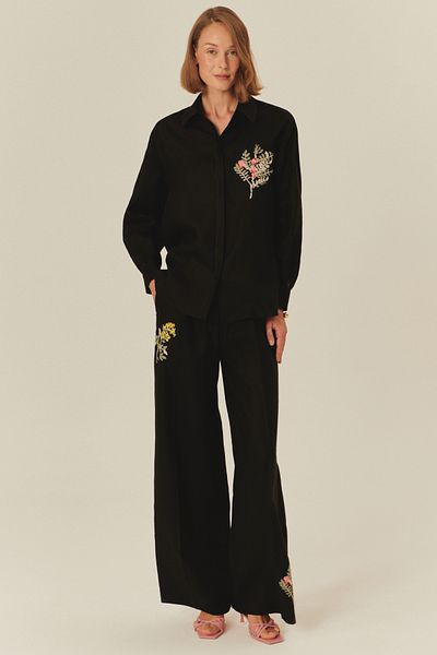 Exquise Pure Linen Embroidered High Waist Loose Cut Black Trousers