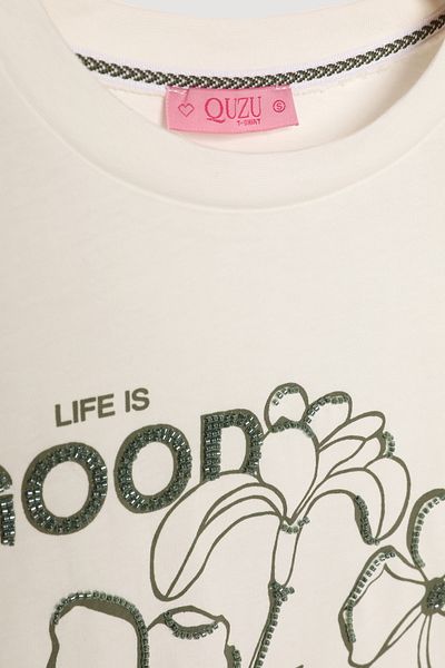 Quzu Κέντημα Floral Label Λεπτομερές κοντομάνικο μπλουζάκι εκρού