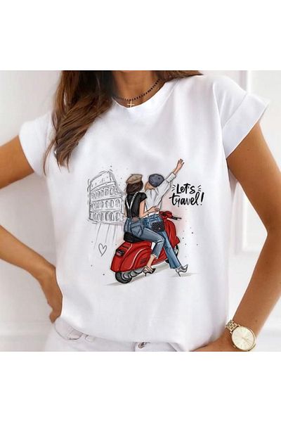 PENTHİLUS Girl and Bicycle Printed Short Sleeve Round Neck T-Shirt