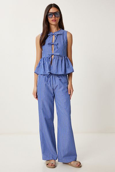 Lovelyİstanbul Striped Blouse Pants Set Blue Ljh0003