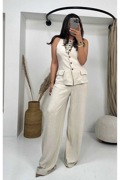 Sohotique By P Cotton Linen Back Waist Elastic Trousers Stone