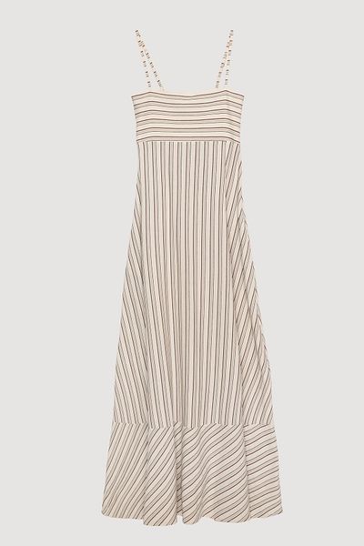 Quzu Pinstripe Hem Flounce Strap Long Dress Natural