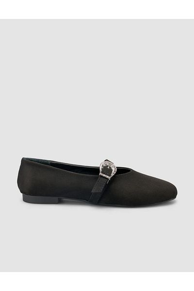 Cabani Suede Look Buckle Detailed Black Women's Ballerinas