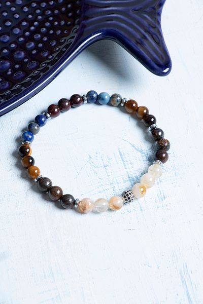Deniz Doğal Taş Certified Citrine Hematite Bronze Tiger Eye Lapis Lal Lion Bracelet