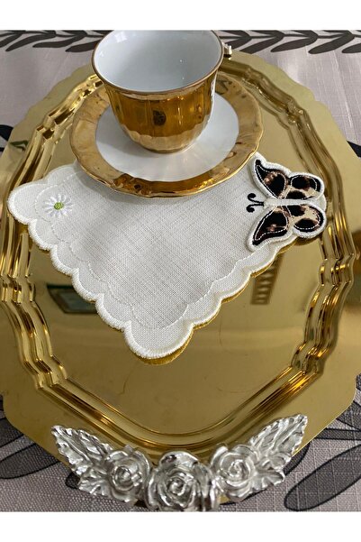 CekModa Stain-Resistant, Washable. Gardenia Fabric 6 Luxury Presentation Napkins with Embroidery - Request Promise Coffee Coaster