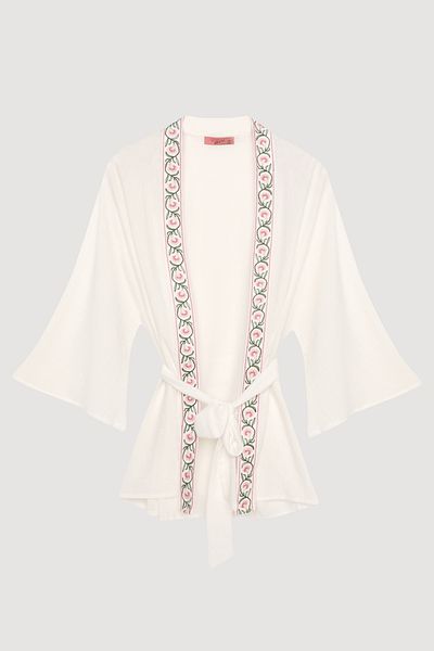 Quzu Lacing Detailed Embroidered Bat Sleeve Kimono Ecru