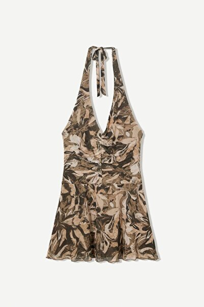Bershka Desenli halter mini dökümlü elbise