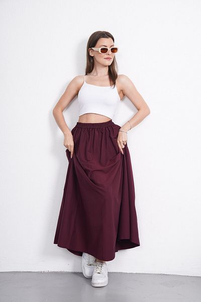 Gülmude Long Elastic Waist Poplin Fabric Double Pocket Relaxed Cut Hijab Skirt Unlined (Length 90 cm)
