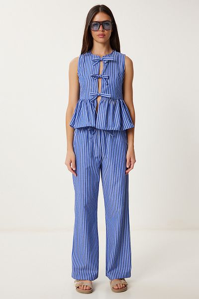 Lovelyİstanbul Striped Blouse Pants Set Blue Ljh0003