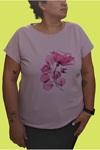 Barato Μπλουζάκι από βαμβακερό ύφασμα με στρογγυλή λαιμόκοψη με λουλουδάτο σχέδιο με στάμπα μεγάλου μεγέθους