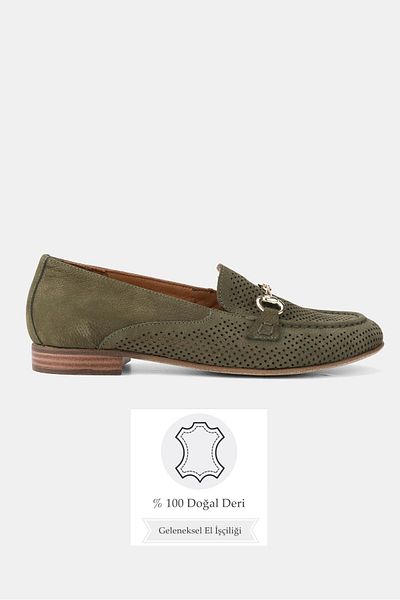TUNAELLİ Women's Green Nubuck Khaki Natural Leather 36-41 Number Buckle Ballet