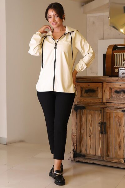 Nazen Giyim KOLLARI LASTİKLİ UZUN KOLLU KREM KADIN CEKET 165-2K5