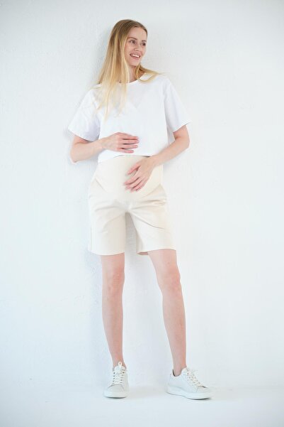 BUSA Hamile Esnek Karın Bantlı Beli Ayarlanabilir Şort Krem