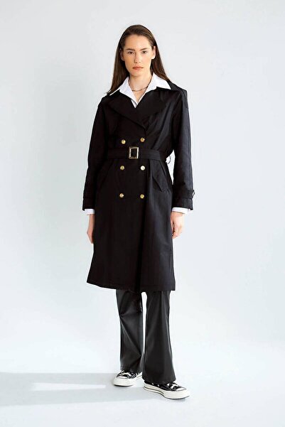 Nazen Giyim Wide Collar Long Sleeve Black Women's Trench Coat D87120-2Y5