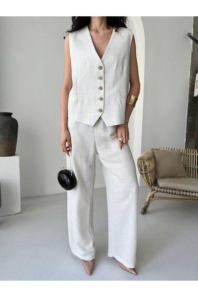 LE CARAMBOLE Women's Cream Lined Vest Pants Bottom Top Set