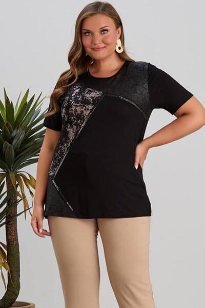 wearon tekstil Wearon Women's Yezra Leather Leaf Stone Detailed Combed Cotton Black T-Shirt