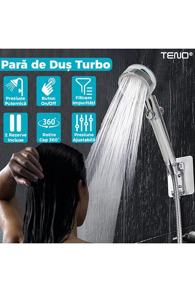 Teno Turbo Teno® Shower Head, 2 extra filters, On/Off button, 360° rotating head, blue