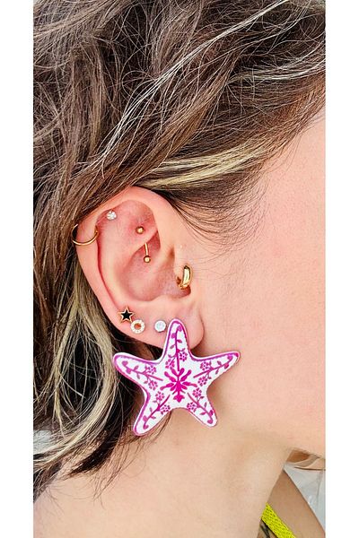 Markiz Takı Pink Embroidered Brand Star Earrings on White 6 cm
