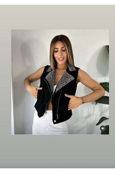 via moda Black Studded Denim Vest