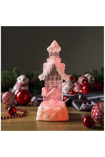 Strend Pro Christmas decoration, PE, glitter house, LED, 2xAA, 9.5x9.5x25.5 cm