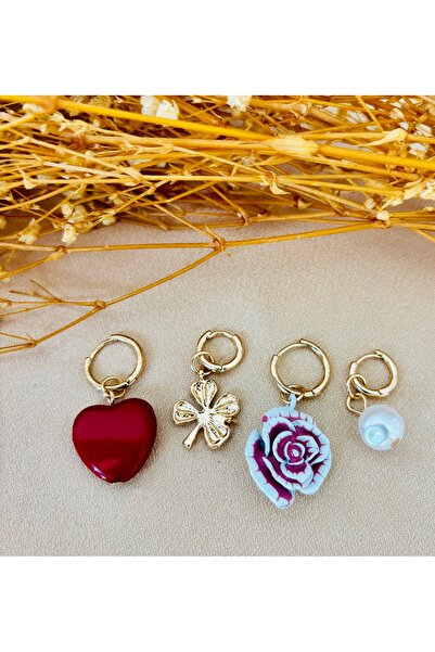 Markiz Takı Brand Multiple Heart Flower Earrings Set of Four