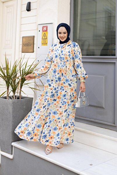 HARMAN BUTİK Γυναικείο φόρεμα με μοτίβο με κουμπιά μπλε Modal